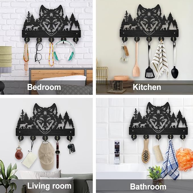MAYJOYDIY Wooden Wolf Deer Coat Hooks Wall Mount Forest Animal Tree Key Holder Organizer 11.8×7.9inch Decorative Wildlife Wall Hooks for Hanging 5 Alloy Hooks Entryway Kitchen Office Gift