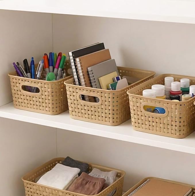 Khaki Stackable Storage Baskets, Plastic Weave Basket Organizer and Storage Set of 12, Pantry Organizing Baskets for Shelves, Kitchens, Bathrooms, Classrooms, Cabinets and Bedrooms