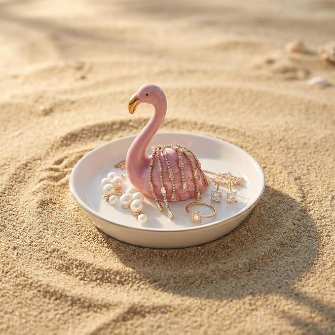Flamingo Jewelry Holder & Ceramic Ring Dish â Pink Tropical Decor for Kitchen Sink or Vanity â Cute Engagement, Birthday, or Motherâs Day Gifts for Women & Girls â Gold-Rimmed Tray