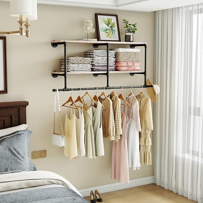 MAIKAILUN Industrial Pipe Clothes Rack with Wood Shelf, 52" Long Wall Mounted Clothing Rack with Hanging Rod for Laundry Room, Heavy Duty Pipe Shelves, Closet Storage, Retail Boutique Display