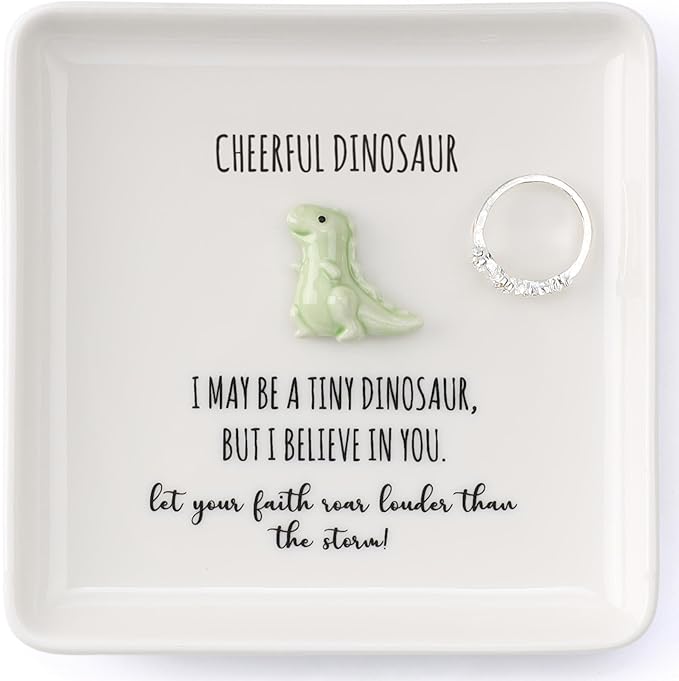 HOME SMILE Dinosaur Ring Dish Tray-Inspirational Gift Basket Stuffers for Women Friends-Cute Birthday Gift for Coworker Friend College Graduation Motivational Decor