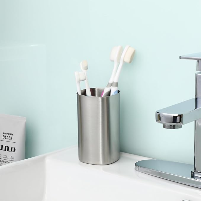Stainless Steel Water Cup 1Pc Brushed Nickel Bathroom Drinking Tumbler Mouthwash Holder for Home & Kitchen