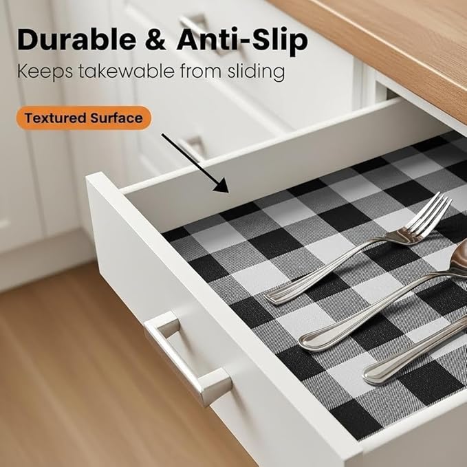 Coavas Extra Grip Thickened Shelf and Drawer Liner - Non-Adhesive Non-Slip Waterproof Mats for Kitchen Cabinets, Drawers, Shelves, Dresser & Cupboard, Easy Cut DIY (Black Stripe, 12IN x 10FT)