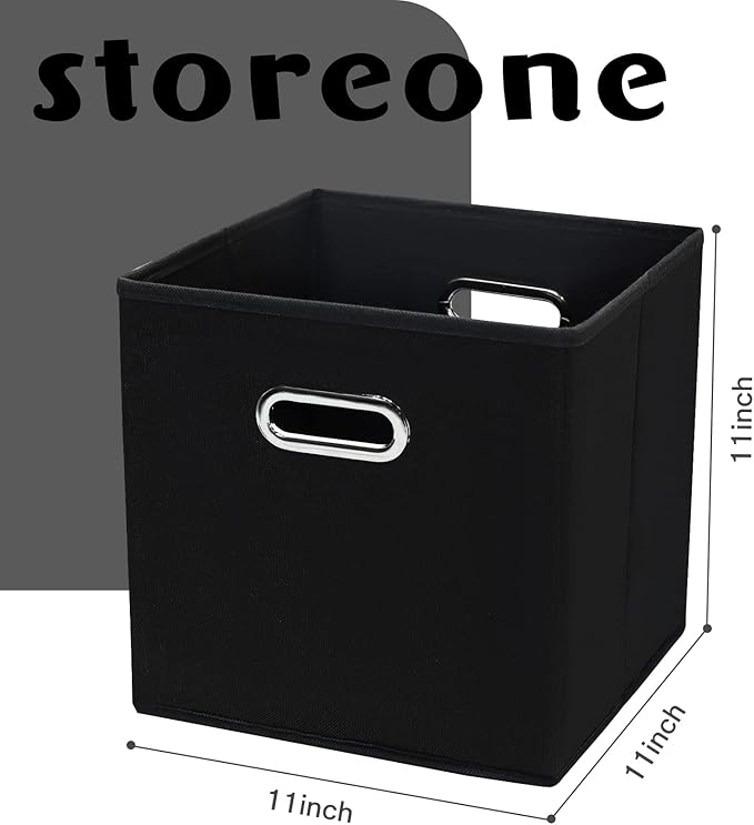 STOREONE Black Fabric Storage Bins Cubes Baskets Containers-(11X11X11) with Dual Handles Cube Storage Organizer Bins for Shelf Closet, Bedroom Organizers, Foldable Set of 3 (Black )