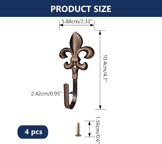 Wall Hooks, 4 Pack Decorative French Fleur De Lis Metal Hooks for Coat, Towel, Curtain Tie Back, Robe, Bag, Heavy Duty Gold Bronze Finish for Bathroom, Bedroom, Entryway(Red Ancient)