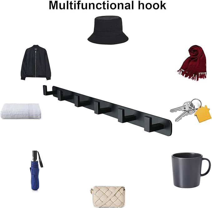 Coat Rack, Heavy Duty Stainless Steel 6 Tri Coat Hook Hanger, Wall Mounted Storage Wall Hook, Rustic Clothes Hook/Key Hook Rail for Bathroom Kitchen Entryway(6 Hook Black)