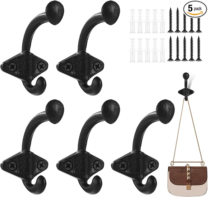 5 PCS Vintage Coat Hooks, Rustic Metal Wall Hooks, Farmhouse Wall Hangers with Screws, Black Iron Hooks for Coats Hats Bags Towels, Entryway Bathroom Kitchen