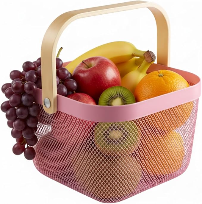 Mesh Steel Storage Organizer Basket Fruit Basket Bin with Wood Handle Ideal for Kitchen Bathroom Picnic Baskets Pantry Cabinets Storage Home Decor (Pink)