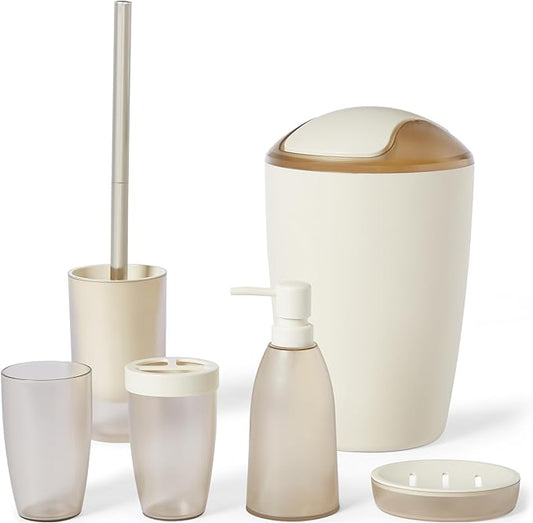 Amazon Basics 6-Piece Bathroom Accessory Set with Toothbrush Holder, Soap Dispenser, Soap Dish, Toothbrush Cup, Trash Can and Toilet Brush & Holder, Ivory