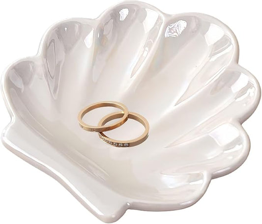 Shell Ceramic Trinket Dish, Cute Ring Earrings Holder Jewelry Tray, Organizer Plate Home Decorations for Bathroom, Bedroom and Dresser Accessories