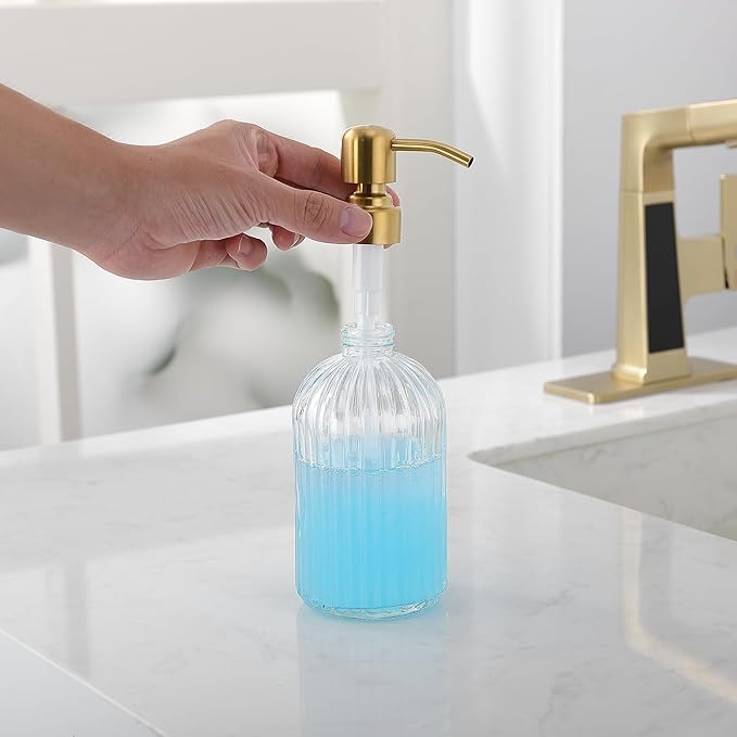 Gold Refillable Glass Kitchen Soap Dispenser,16oz Bathroom Soap Dispenser with Vertical Strip,Golden 304 Stainless Steel Pump Head, Clear Thick Glass,for Modern Home Decor, Countertop, Hotel