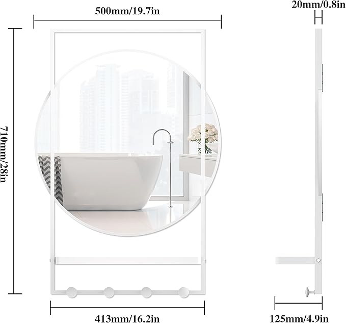 WONSTART 28" x 20" Entryway Mirror with Hooks, Bathroom Mirror with Shelf, Rectangular Frame Round Wall Mirror with Shelf and Hooks, Vanity Mirror Decorative for Wall(White)