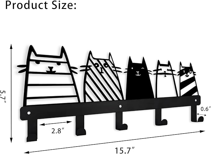 Aimery Metal Cat Coat Hooks Wall Art Decor – Chic Black Key Holder -Coat Hanger Wall Mount – Multipurpose Wall Hooks for Storage, Living Room, Hallway, Office (Black)