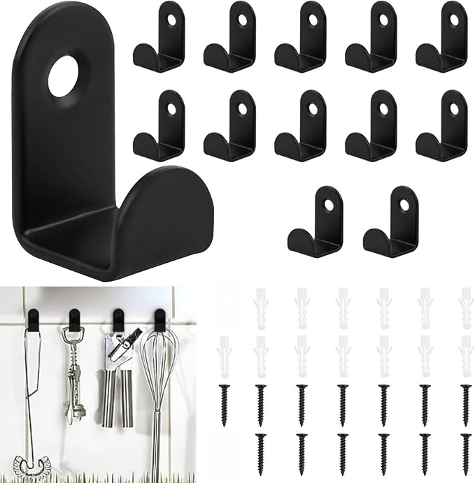 13 Pack Black L-Shaped Screw-in Wall Hooks - Heavy Duty Metal Hooks with Screws & Wall Plugs for Door, Bathroom, Closet - Space Saving Towel, Key & Coat Hooks (30x16mm)