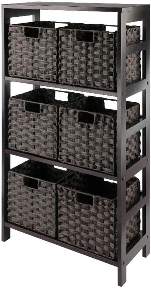 Winsome Leo 3-Tier Wide Storage Shelf with 6 Foldable Woven Baskets, for Living Room, Home Office, Bedroom, Espresso
