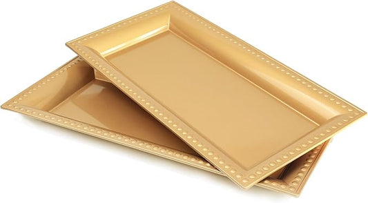 2 Pack Gold Bathroom Vanity Tray for Countertop with Beads, Small Plastic Toilet Tank Versatile Storage Organization Tray for Makeup, Perfume, Desk, Kitchen, Candles, 14"x7"x1", 36G