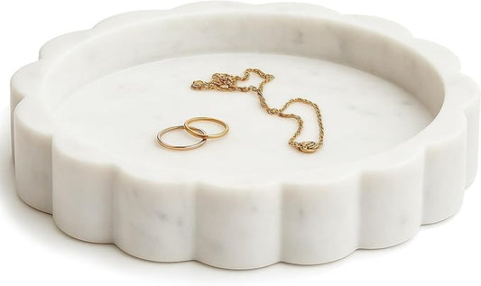White Scalloped Marble Tray - 8" Round Stone Vanity Tray for Perfume & Jewelry, Marble Dish for Bathroom Countertop & Kitchen Counter, Decorative Tray for Bathroom & Kitchen, Modern Catchall