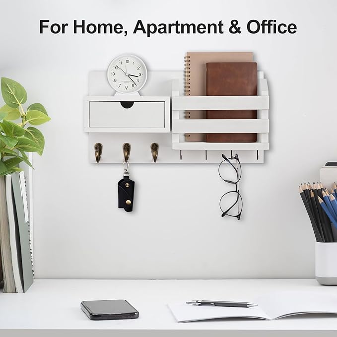 Wall Mount Key Holder with Mail Organizer, 100% Paulownia Wood, 7 Metal Hooks, Storage Drawer, Entryway Home Decor (White)
