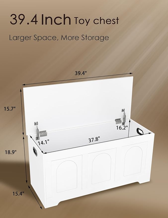 DINZI LVJ Storage Chest, 39.4â Wooden Toy Box with 2 Safety Hinges, Entryway Shoe Bench with Flip-Top, Sturdy Large Storage Trunk for Living Room, Bedroom, Playroom, Easy Assembly, White