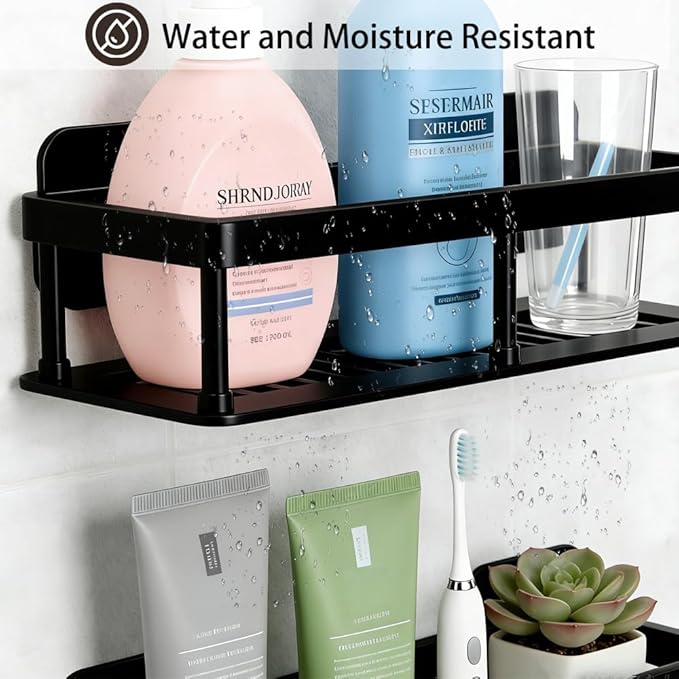 ACEXINYAN Shower Caddy Adhesive, Self-Adhesive Bathroom Shelves Basket, 2 Pack Large Capacity Shower Shelve with Hook Rack, No Drilling Bathroom Organizers and Storage for Home Decor (4, Black)