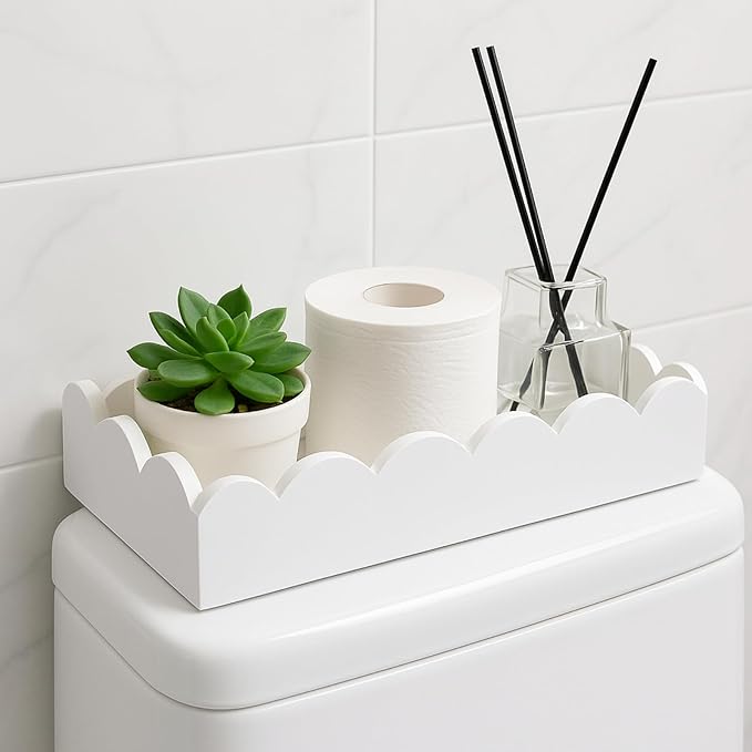 Toilet Paper Basket Storage Scalloped Wooden Toilet Tank Tray Topper Farmhouse White Bathroom Storage Organizer for Bedroom Vanity Kitchen Countertop Dresser Shelf Table Home Decor