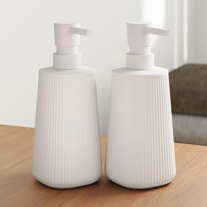 White Soap Dispenser Set of 2, Hand Soap Dispenser for Bathroom, Cute Dish Soap Dispenser for Kitchen, Plastic Soap Dispenser with Pump, Refillable Soap and Lotion Dispenser Set, White