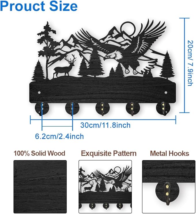 MAYJOYDIY Eagle Deer Forest Coat Hooks Wall Mounted 11.8×7.9inch Black Wooden Eagle Key Holder for Wall 5 Alloy Hooks Wall Art Decor Deer Hangers for Towel Key Kitchen Bedroom Entryway Gifts