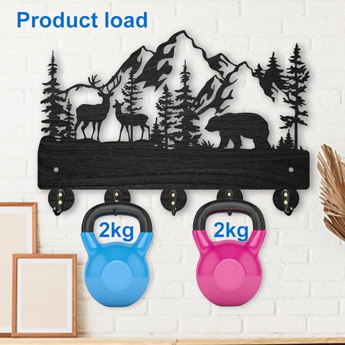 MAYJOYDIY Forest Deer Bear Coat Hooks 11.8×7.9inch Wood Animal Mountain Key Holder for Wall Tree Wild Animal Wall Key Hooks Hanger 5 Alloy Hooks for Home Art Decor Gift Farmhouse Front Door Kitchen
