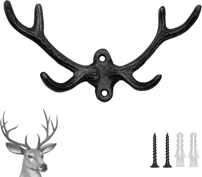 Cast Iron Antler Wall Hook – Black Rustic Deer Antlers Wall Hook, Heavy-Duty Coat & Key Hook for Entryway, Bathroom, or Bedroom, 1 Pack