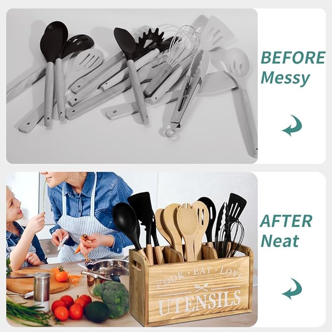 Kitchen Utensil Holder for Countertop, Large Solid Wood Farmhouse Cooking Utensils Organizer for Kitchen Counter, 3 Compartments Utensil Spoon Holder Tool Storage for Home Decor (Burned wood)