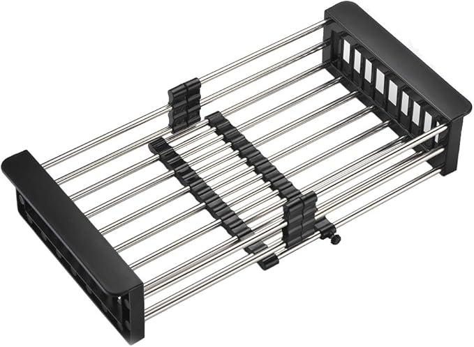 TUTEW Dish Drying Rack, Stainless Steel Dish Drainer with Adjustable Arms Holder Functional Kitchen Sink Organizer for Vegetable and Fruit, Black Large