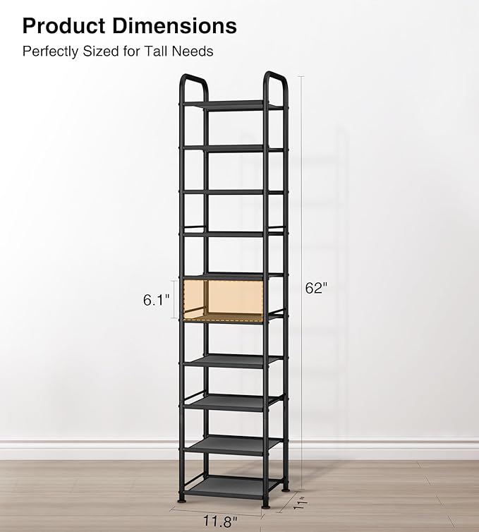 STO STO 10-Tier Narrow Shoe Rack with Sturdy Mesh Shelves, Slim Tall Metal Shoe Organizer for Entryway, Closet, Hallway, Holds 10 Pairs, Vertical Free Standing Shoe Storage Shelf, Black