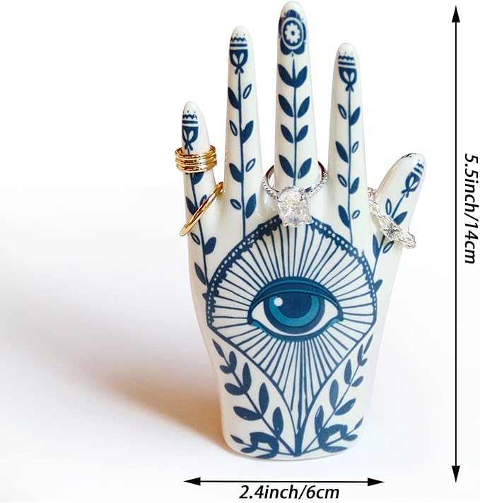 Hamsa Ring Holder organizer, aesthetic Room Decor with Blue Eye Boho style for Bathroom, Bedroom; Gifts for Women Home Decor