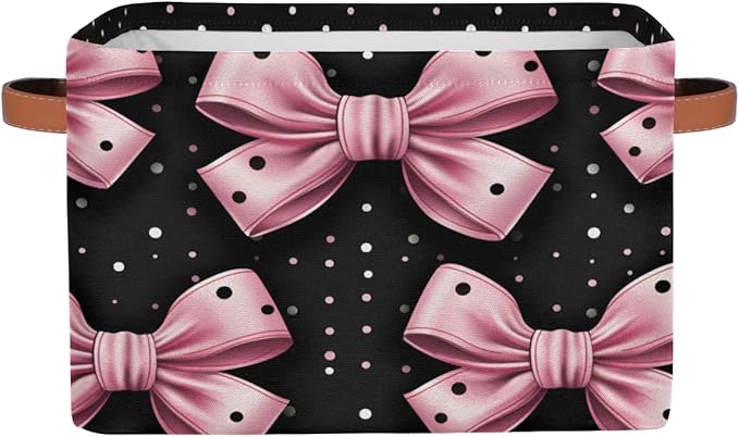 Storage Bins for Organization, Pink Bows Canvas Book Storage Bins with Handles, Bedroom Shelves Decorative Baskets for Organizing, Fabric Cube Bin Classroom Dorm Closet Organizer Box