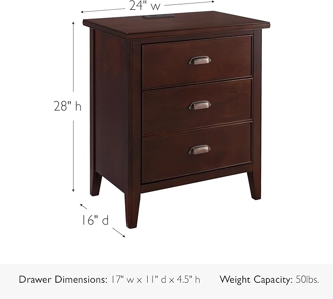Leick Home Laurent Side Table Nightstand with USB-C Charging Station, Solid Wood, Perfect for Bedrooms, Living Rooms, and Small Spaces, 16"D x 24"W x 28"H, Chocolate Cherry Brown