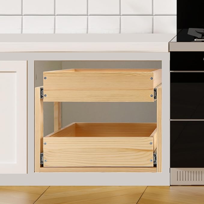 Pull Out Cabinet Organizer, 17''W×21''D×16''H Soft Close Slide Out Wood Drawer Shelves Storage for Kitchen, 2-Tier, Finished, Heavy-Duty, Bottom Assembly