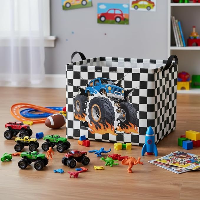 Rectangular Baby Kids Storage Basket for Home Kitchen Girls Cute Toy Storage Bin Organizer Shelf Book Room Decor(Checkered Truck)
