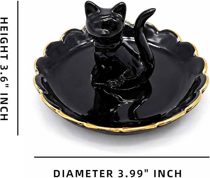ROSA&ROSE Cat Ring Holder Trinket Tray Ceramic Jewelry Dish Porcelain Ring Organizer,Gift for Women,Girlfriend,Wife,Birthday or Anniversary(Black bow)