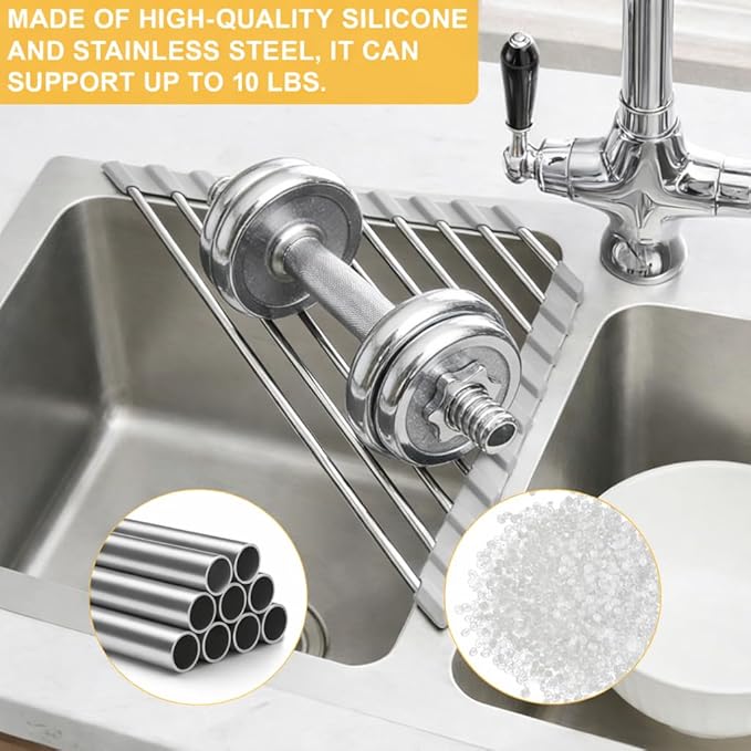 Triangle Roll Up Dish Drying Rack, Over The Sink Dish Drying Rack, Stainless Steel Sink Caddy for Top of Sink, Foldable Anti-Slip Kitchen Sink Organizer Space Saving Corner Drainer