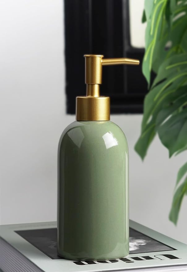 2Pack Ceramic Soap Dispenser Green with Gold Pump,Modern Design Cylindrical Lotion Dispenser Bottle,Refillable Liquid Hand Soap Dispenser for Kitchen,Bathroom,Washroom