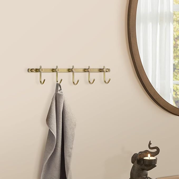 WINCASE Antique Brass Towel Hook, Brushed Brass Wall Hook Rail, 5 Hooks Antique Coat Hook Rail Hanger Bathroom Robe Hooks Rack Wall Mounted