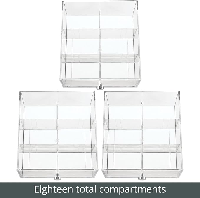 mDesign Plastic Wide Kitchen Pantry, Cabinet, Countertop Organizer Storage Station with 3 Drawers for Coffee, Tea, Sugar Packets, Sweeteners, Creamers, Drink Pods, Packets; 18 Sections - Clear