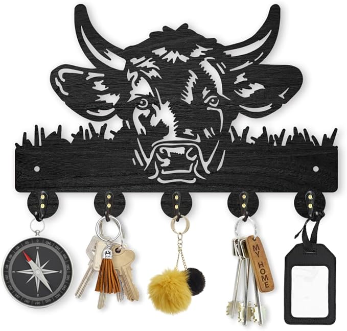 MAYJOYDIY Cow Coat Rack Wall Mount 11.8×7.9inch Wood Farm Animal Wall Art Decor Bull's Head Key Holder for Wall 5 Alloy Hooks Black Key Hanger Hat Towel Wall Hook for Entryway Living Room Bedroom Gift