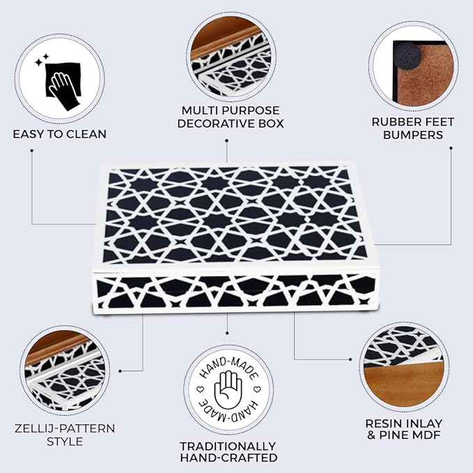 Handicrafts Home Decorative Storage Box with Lid – Black and White Moroccan Zellij Decorative Remote Control Box, Slim Coffee Table Storage Box for Shelf, Desk & Living Room Decor – Zellij 8 x 6 x 1.5