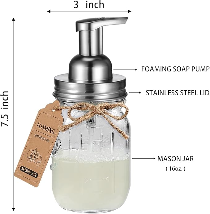 Amolliar Mason Jar Bathroom Accessories Set 4Pc - Foaming Soap Dispenser&2 Qtip Holders&Toothbrush Holder-Rustic Farmhouse Decor Bathroom Organizer Apothecary Jar Country Countertop (Brushed Nickel)