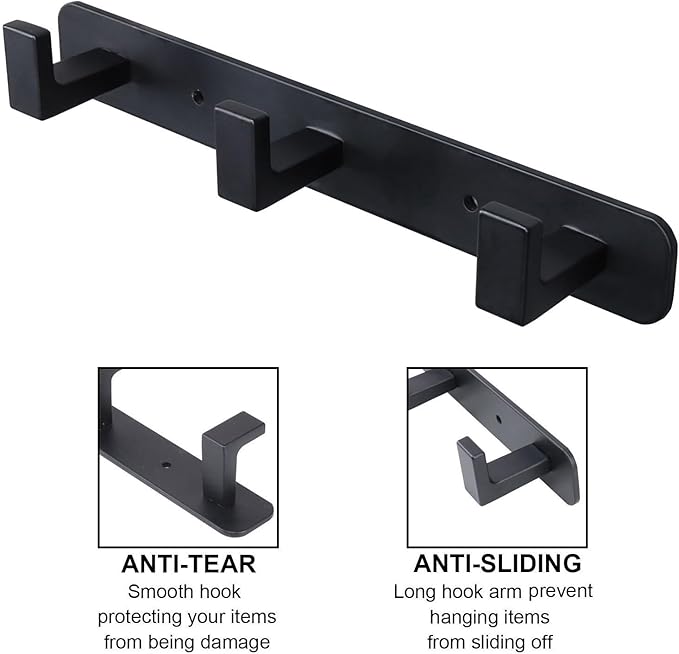 Coat Rack, Heavy Duty Stainless Steel 3 Tri Coat Hook Hanger, Wall Mounted Wall Hooks, Rustic Clothes Hook/Key Hook Rail for Bathroom Kitchen Entryway(2 Pack, 3 Hook Black)