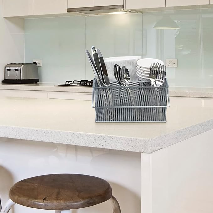 Sorbus® Utensil Caddy — Silverware, Napkin Holder, and Condiment Organizer — Multi-Purpose Steel Mesh Caddy—Ideal for Kitchen, Dining, Entertaining, Tailgating, Picnics, and much more (Silver)