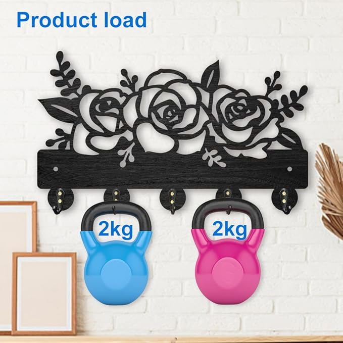 MAYJOYDIY Flower Plant Coat Hooks Wall Mounted 11.8×7inch Rose Flower Wood Key Holder for Wall Decorative Key Rack Hanger with 5 Alloy Hooks Key Hooks for Entryway Home Decor Mother's Day Gift