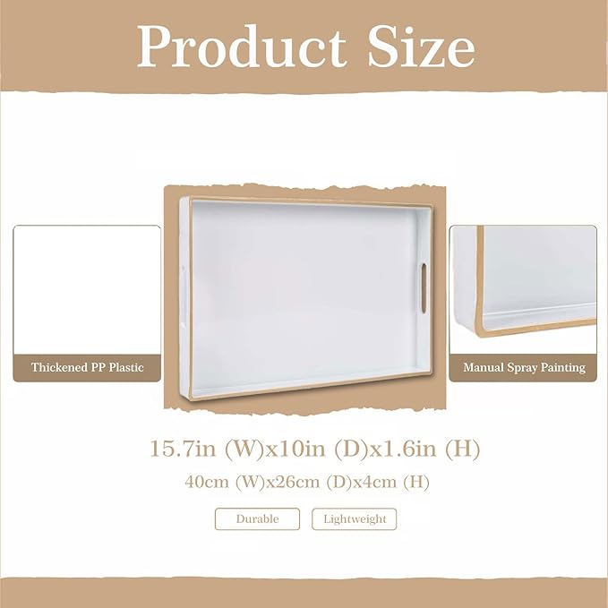Zosenley Decorative Tray, Rectangular Plastic Tray with Handles, Modern Vanity Tray and Serving Tray for Bathroom, Kitchen, Ottoman and Coffee Table, 15.6â x 10.2â (White)