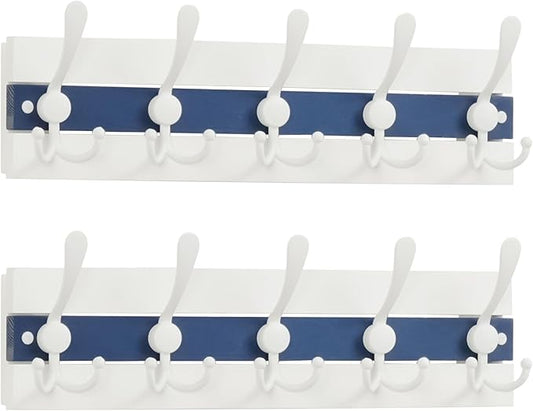SKOLOO Coastal Wall Mounted Coat Rack - 16-7/8" Beach House Entryway Wooden Coat Hook with 5 Hooks for Hanging Coats, Hats or Towels, Oceanfront Cottage Core Collection, White & Blue, Pack of 2